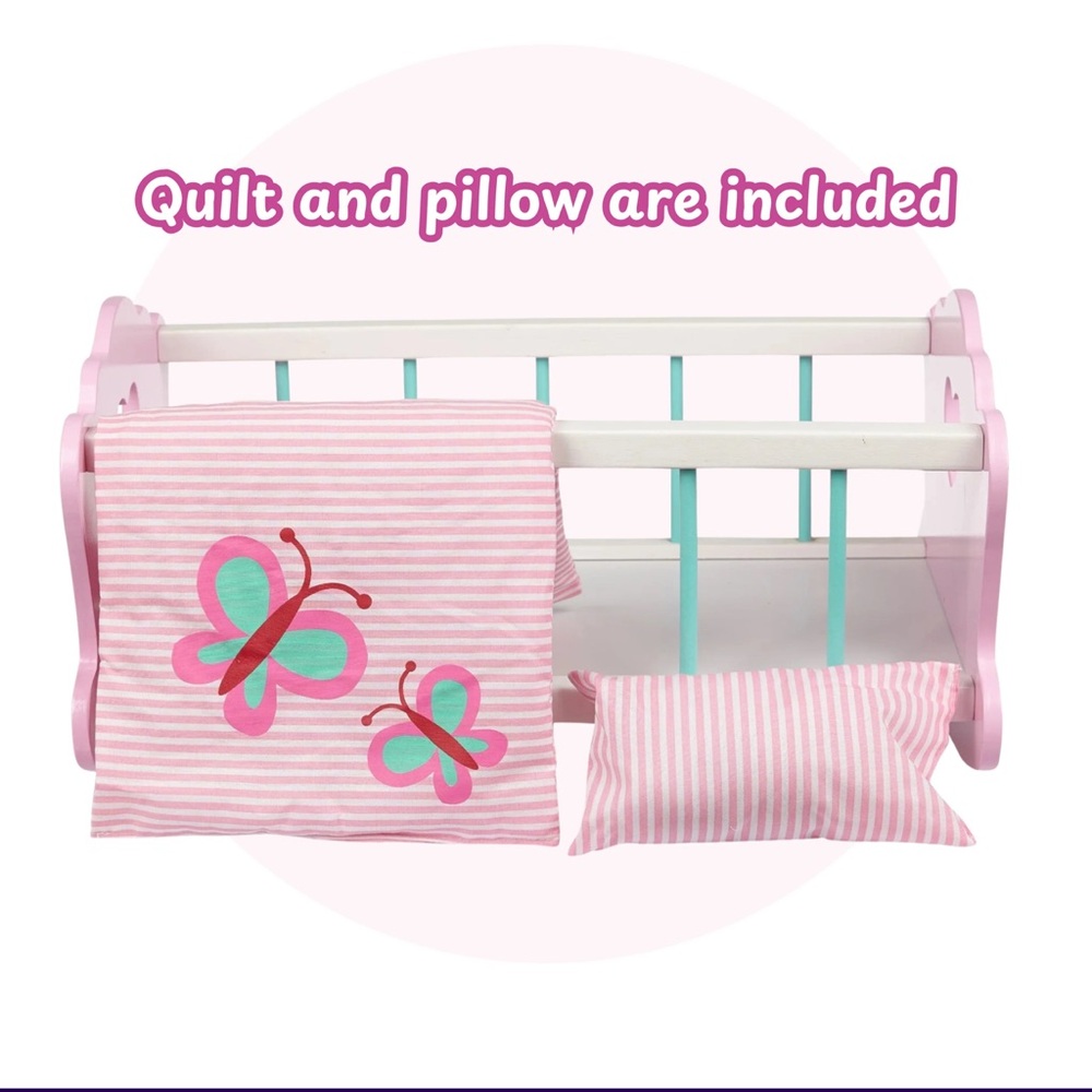 Baby doll crib. Pink Striped Doll Bed Set with Butterfly Design